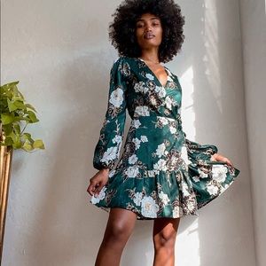 Lulu's Green Floral Satin Wrap Dress with gold and black